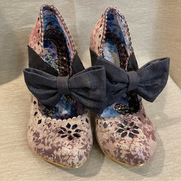 IRREGULAR CHOICE Sz 39 Metallic Sparkle Heel Bow Laser Cutouts Almond  Toe Shoes - Picture 2 of 14